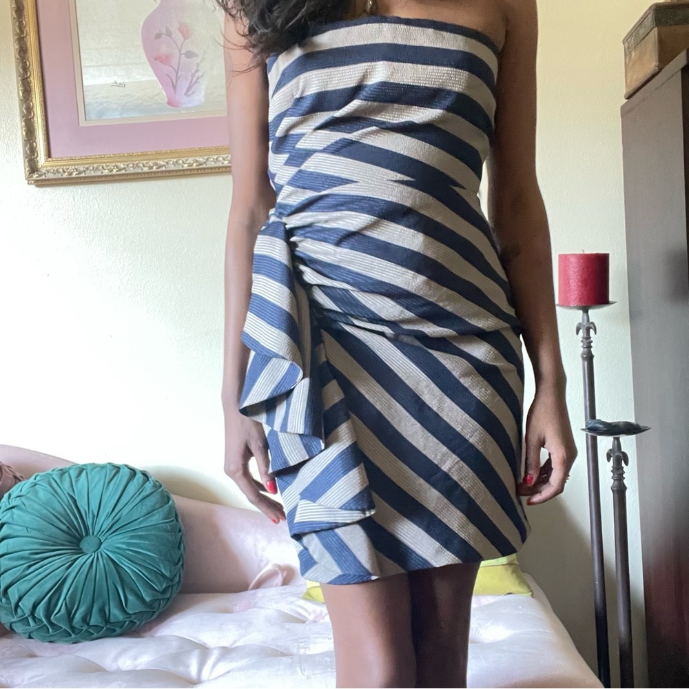 Blue + Beige Striped + Ruffled Bodycon Mini - Picture 2 of 8